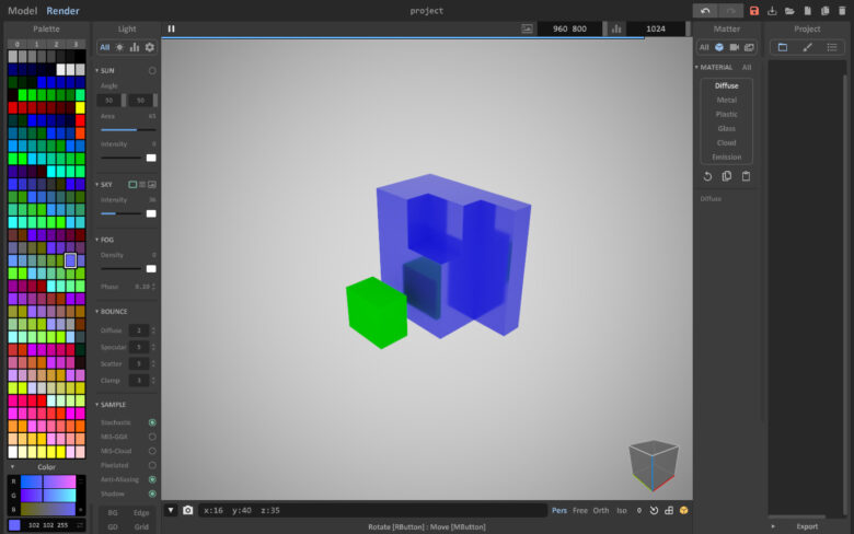 magicavoxelのマテリアルでメタルを設定してみた画像